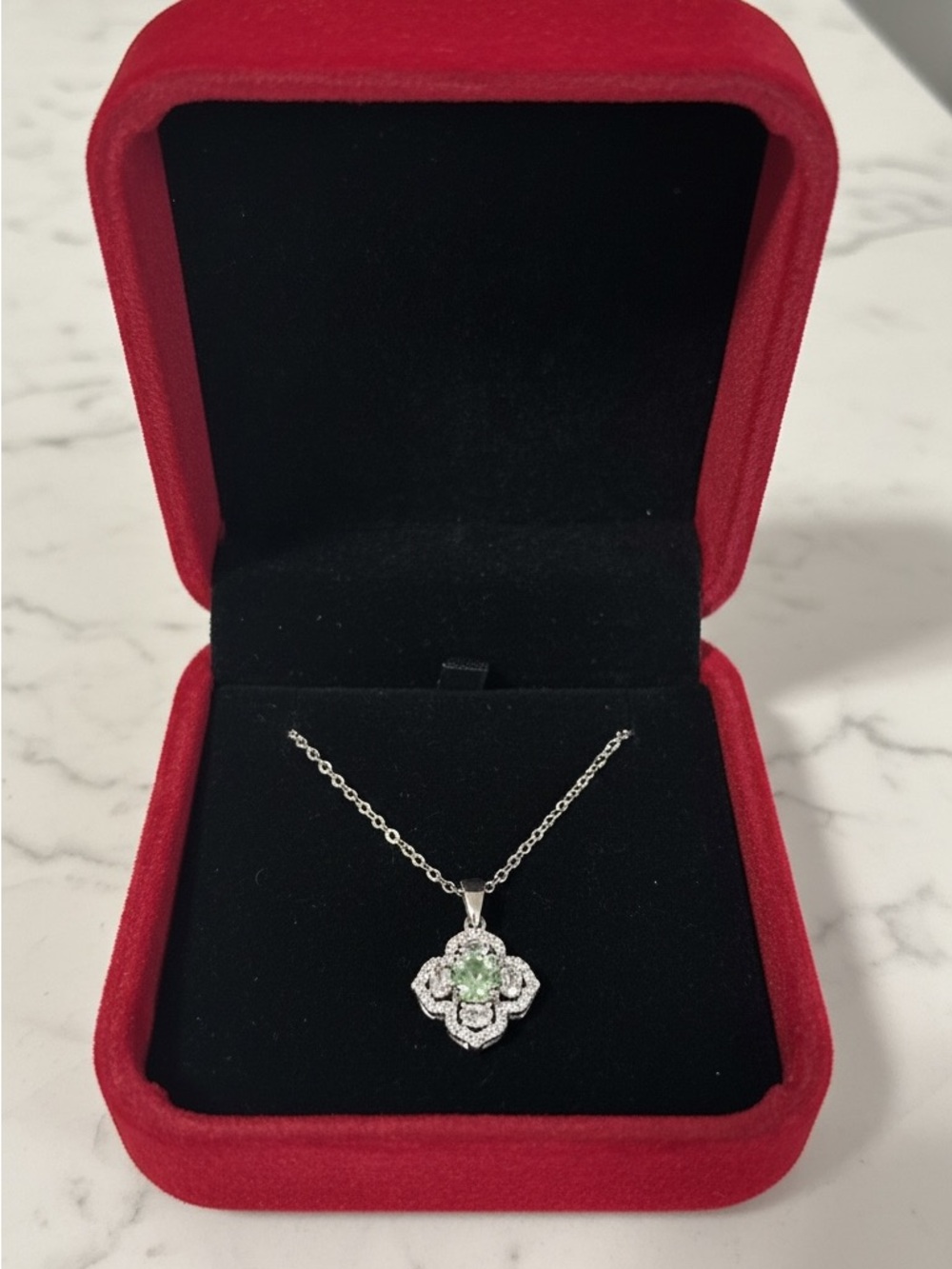 Moissanite Sterling Silver Green Blue Clover Pendant Necklace in Red Velvet Box